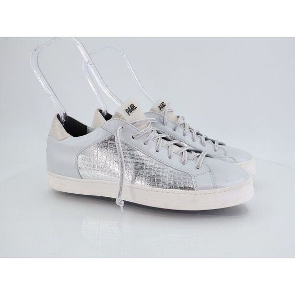 P448 John T Grey Leather Gray Silver Croc Embossed Low Top Sneakers Size 42 11 - Picture 2 of 12